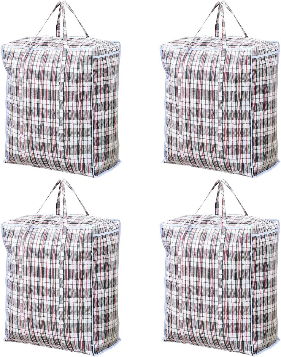 Set van 4 grote opbergvakken, 107 l, met ritssluiting, van duurzaam en scheurbestendig polypropyleen, herbruikbaar en met handgrepen, ideaal voor verhuizingen, kleding, wasgoed