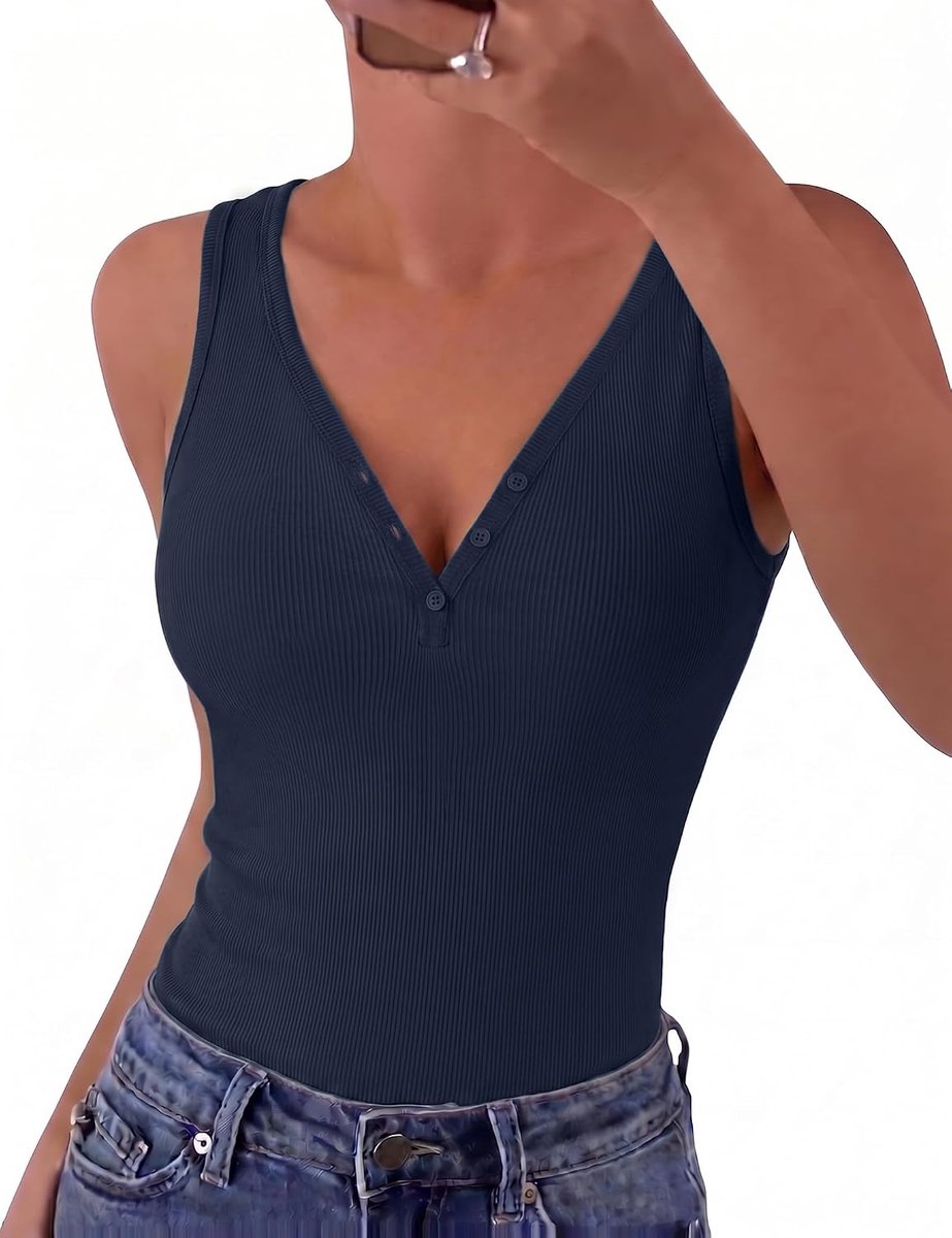 Dames tanktop V-hals mouwloos bovendeel zomer basic geribbelde top slim fit knoopsluiting casual onderhemd zacht