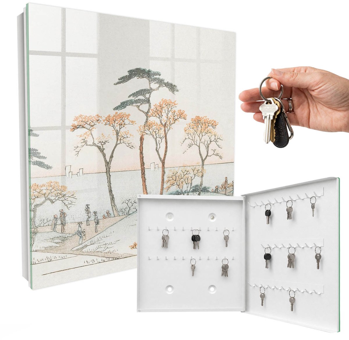 WallMuralia - Sleutelkast - 30x30x5 cm - met 50 haken - Japans Landschap Sleutelkastje Hal - Beige Sleutelbox - Rechtsopenend - Wit interieur