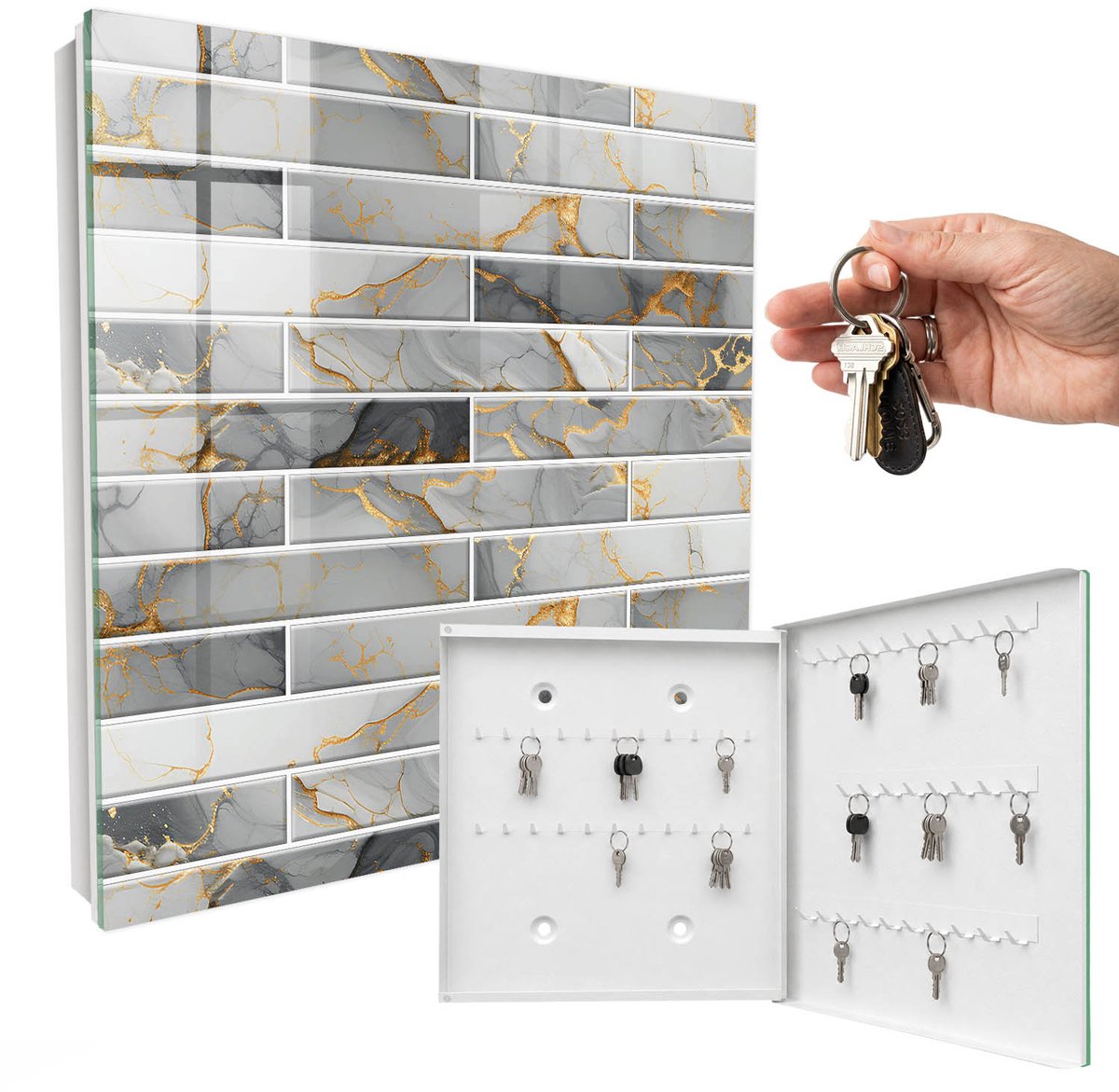 WallMuralia - Sleutelkast - 30x30x5 cm - met 50 haken - Moderne Elegantie Sleutelkastje Industrieel - Grijs Sleutelbox - Rechtsopenend - Wit interieur