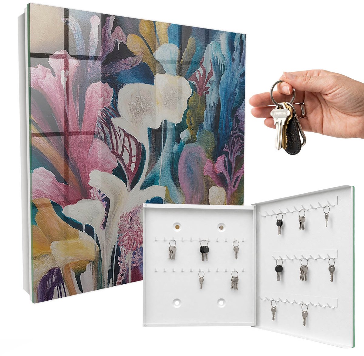 WallMuralia - Sleutelkast - 30x30x5 cm - met 50 haken - Abstracte Natuur Sleutelkastje Huis - Roze Sleutelbox - Rechtsopenend - Wit interieur