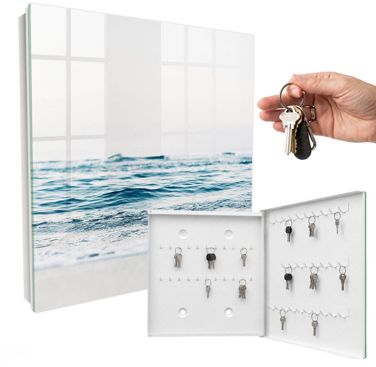 WallMuralia - Sleutelkast - 30x30x5 cm - met 50 haken - Vrede Op Zee Sleutelkastje Huis - Blauw Sleutelbox - Rechtsopenend - Wit interieur