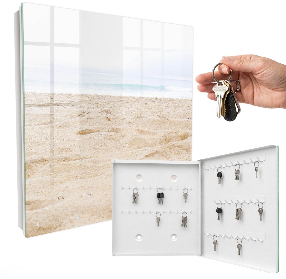 WallMuralia - Sleutelkast - 30x30x5 cm - met 50 haken - Ontspanning Aan Het Strand Design Sleutelkastje - Beige Sleutelbox - Rechtsopenend - Wit interieur