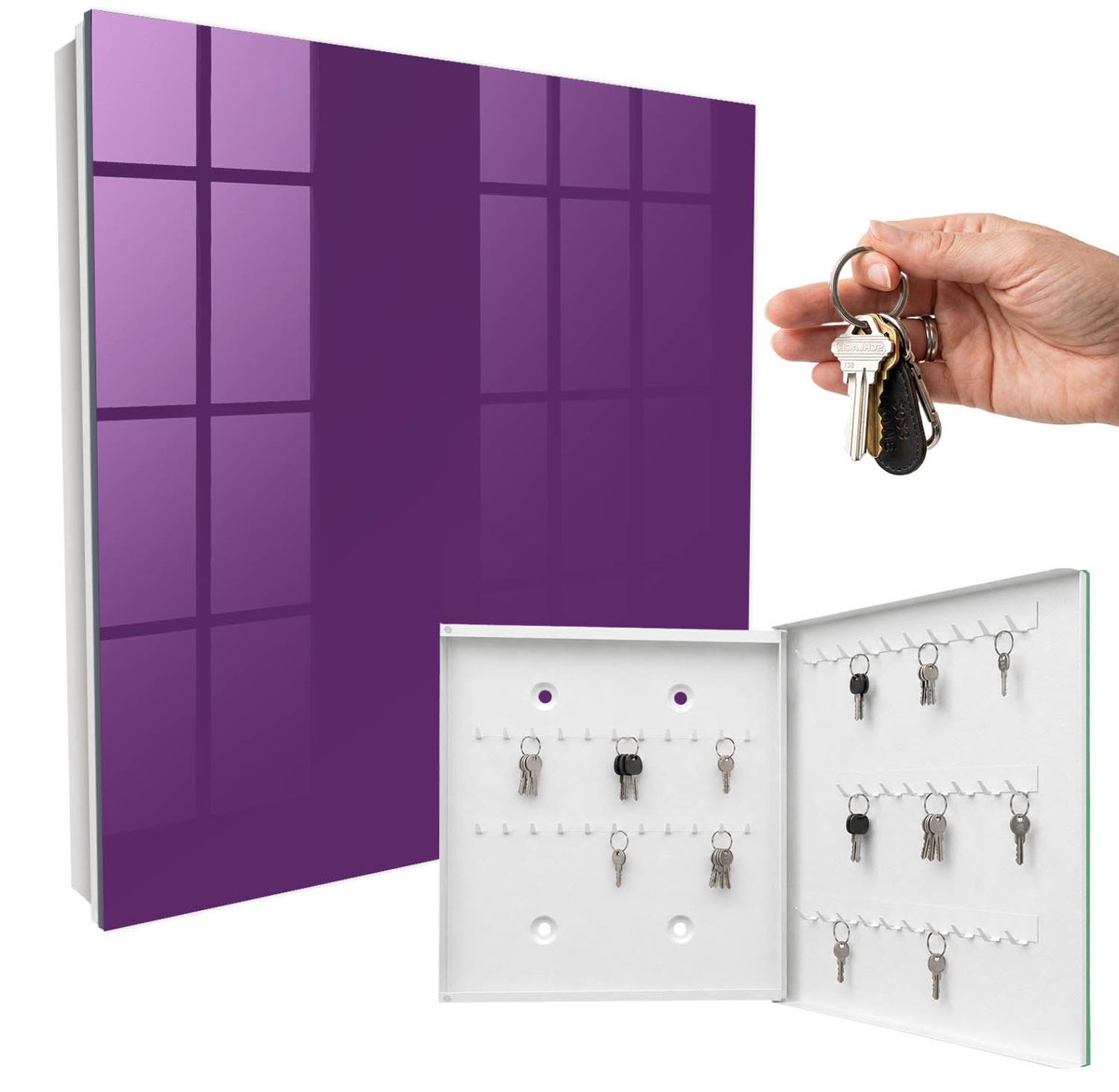 WallMuralia - Sleutelkast - 30x30x5 cm - met 50 haken - Sterk Paars Sleutelkastje Industrieel - Paars Sleutelbox - Rechtsopenend - Wit interieur