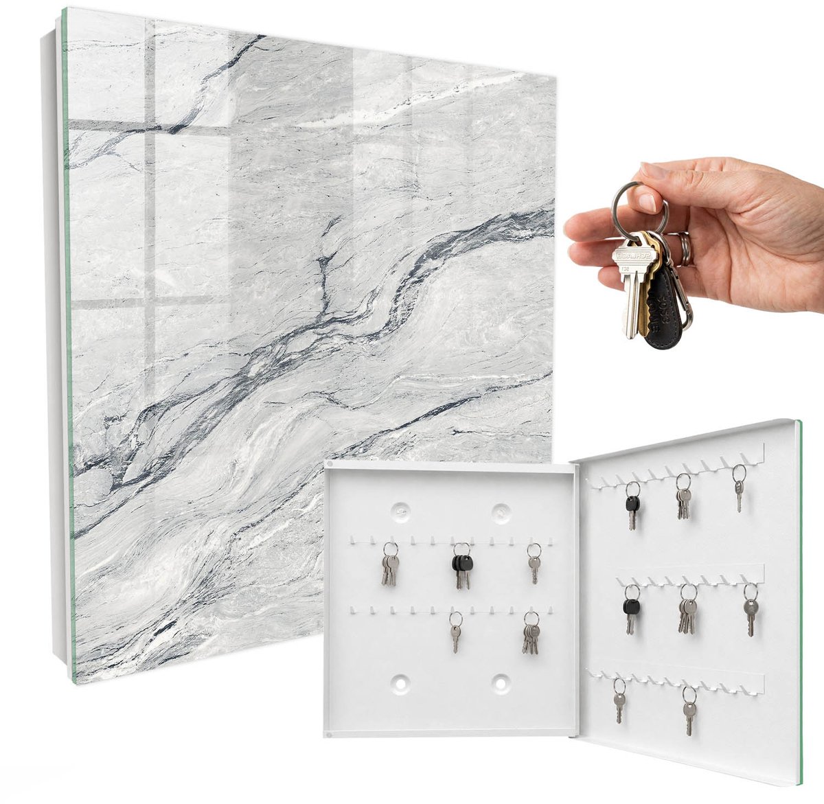 WallMuralia - Sleutelkast - 30x30x5 cm - met 50 haken - Steenpatroon Sleutelkastje Gang - Grijs Sleutelbox - Rechtsopenend - Wit interieur