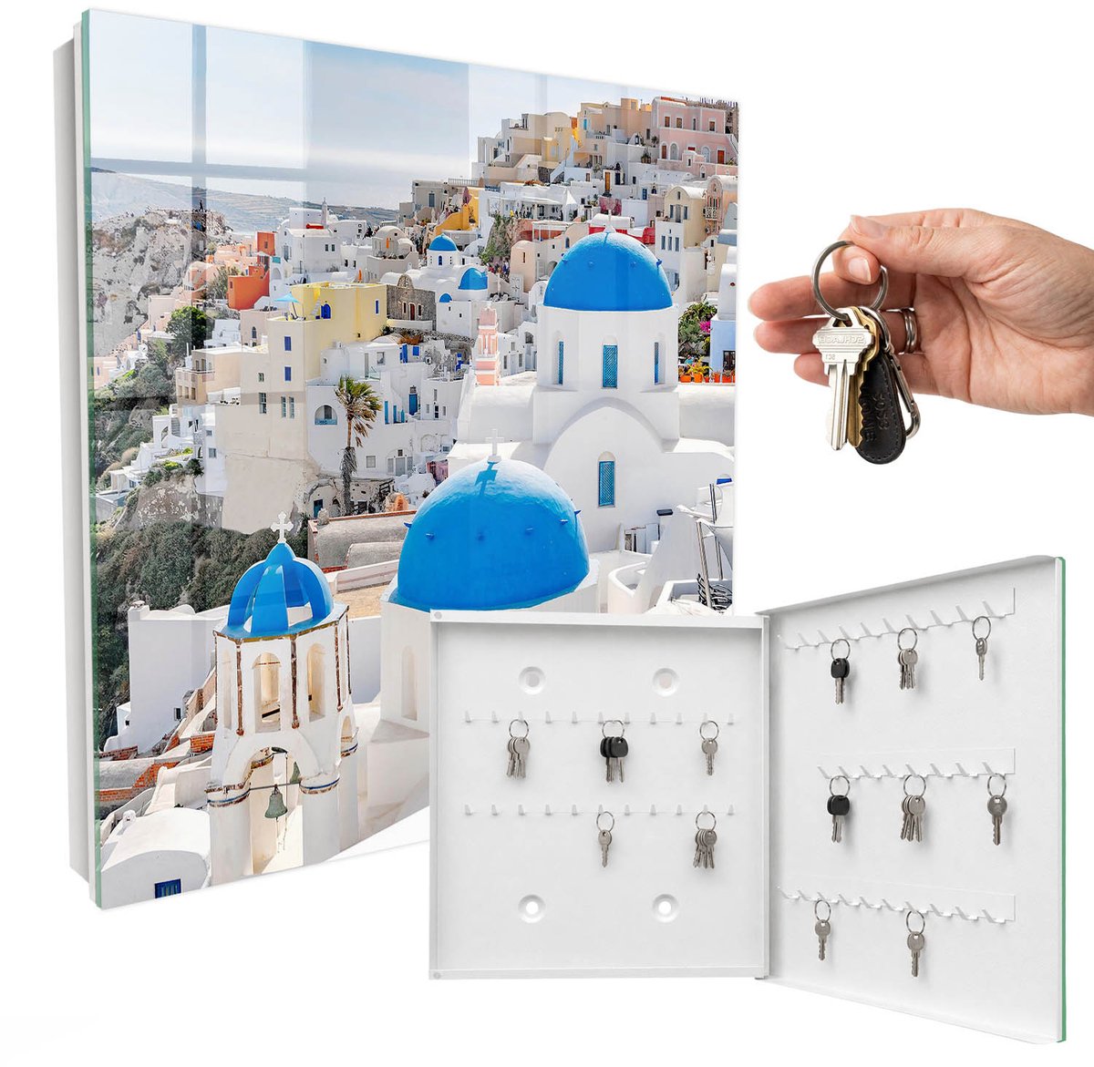 WallMuralia - Sleutelkast - 30x30x5 cm - met 50 haken - Griekse Opvattingen Sleutelkastje Binnen - Wit Sleutelbox - Rechtsopenend - Wit interieur