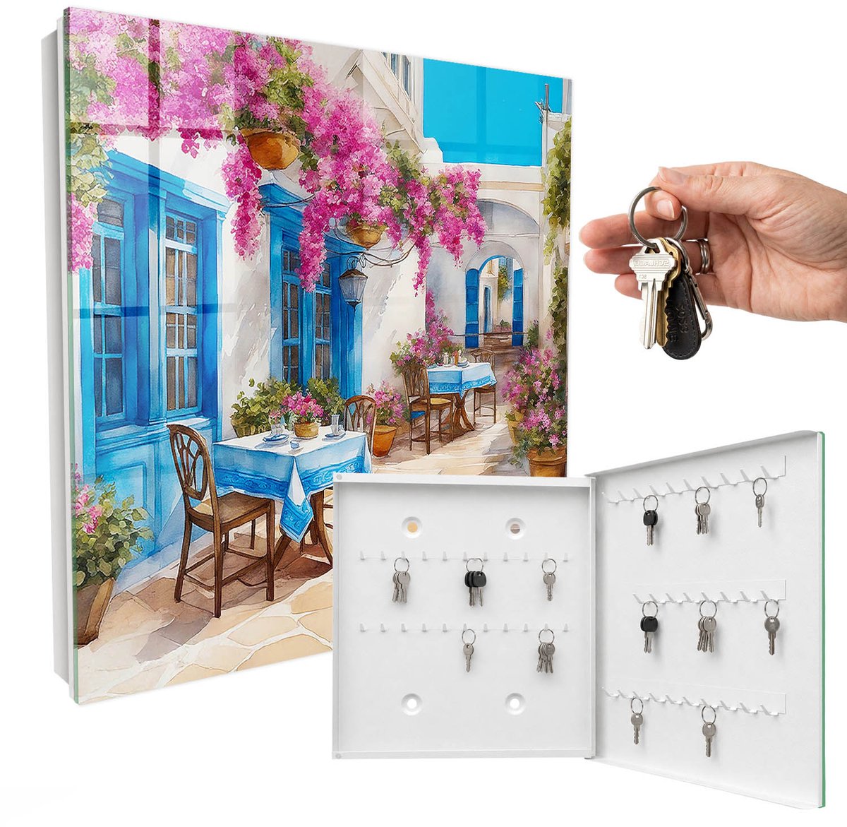 WallMuralia - Sleutelkast - 30x30x5 cm - met 50 haken - Bloemensteeg Sleutelkastje Muur - Blauw Sleutelbox - Rechtsopenend - Wit interieur