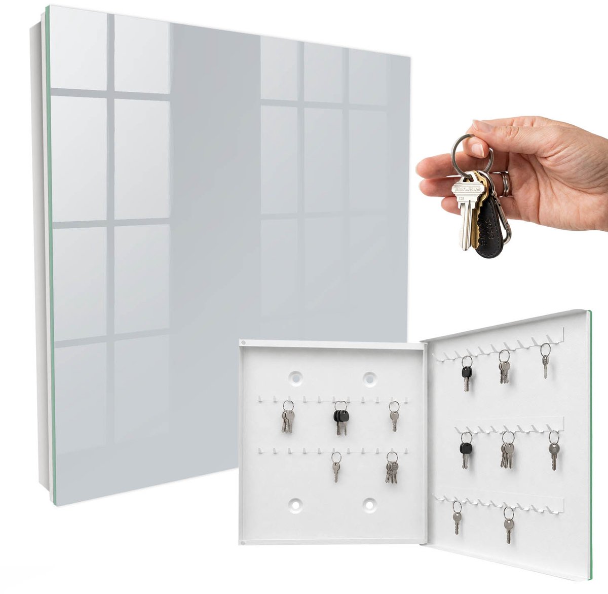 WallMuralia - Sleutelkast - 30x30x5 cm - met 50 haken - Lichtgrijs Sleutelkastje Modern - Grijs Sleutelbox - Rechtsopenend - Wit interieur