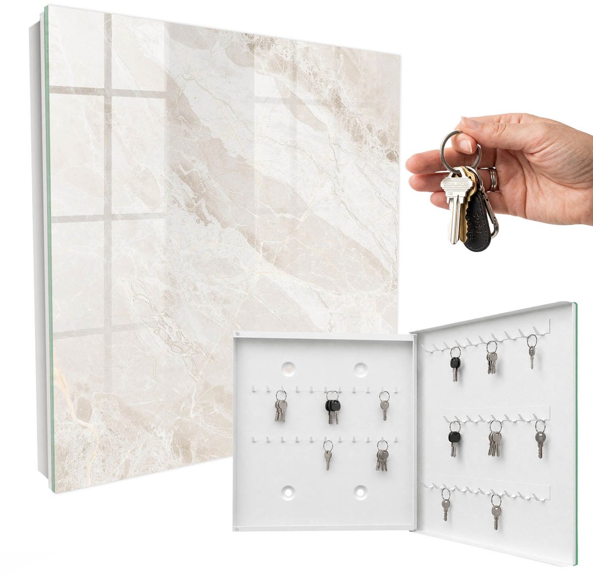 WallMuralia - Sleutelkast - 30x30x5 cm - met 50 haken - Neutraal Marmer Sleutelkastje Hal - Beige Sleutelbox - Rechtsopenend - Wit interieur