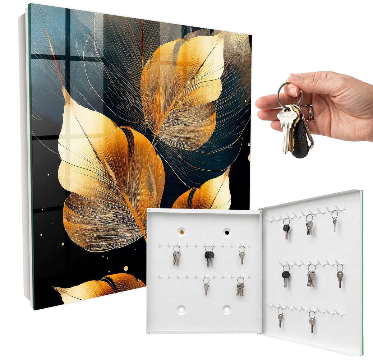 WallMuralia - Sleutelkast - 30x30x5 cm - met 50 haken - Bladeren Van Elegantie Sleutelkastje Hal - Geel Sleutelbox - Rechtsopenend - Wit interieur