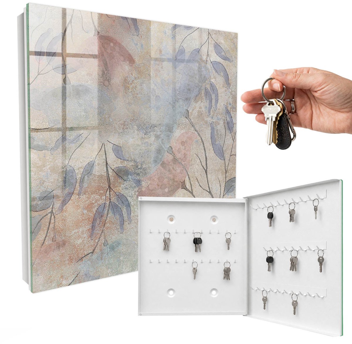 WallMuralia - Sleutelkast - 30x30x5 cm - met 50 haken - Tere Bladeren Design Sleutelkastje - Beige Sleutelbox - Rechtsopenend - Wit interieur