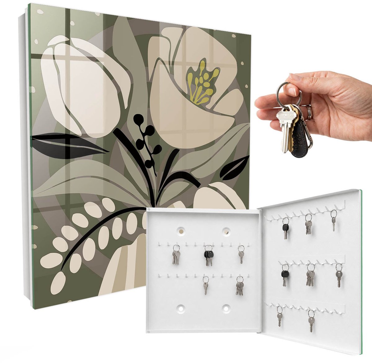 WallMuralia - Sleutelkast - 30x30x5 cm - met 50 haken - Beige Bloemen Sleutelkastje Huis - Beige Sleutelbox - Rechtsopenend - Wit interieur