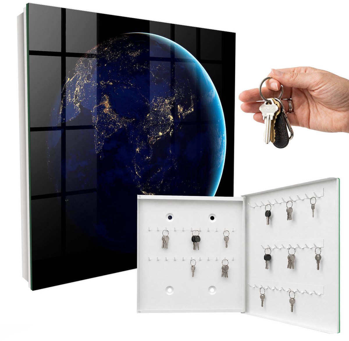WallMuralia - Sleutelkast - 30x30x5 cm - met 50 haken - Nacht Aarde Sleutelkastje Design - Marine Sleutelbox - Rechtsopenend - Wit interieur