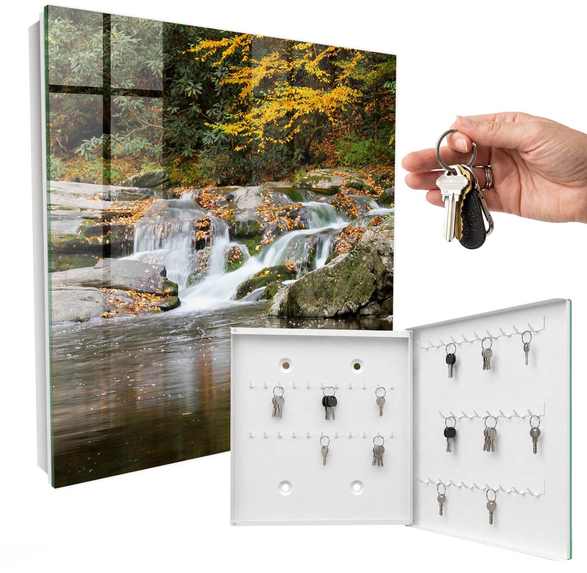 WallMuralia - Sleutelkast - 30x30x5 cm - met 50 haken - Herfstverfrissing Sleutelkastje Huis - Geel Sleutelbox - Rechtsopenend - Wit interieur