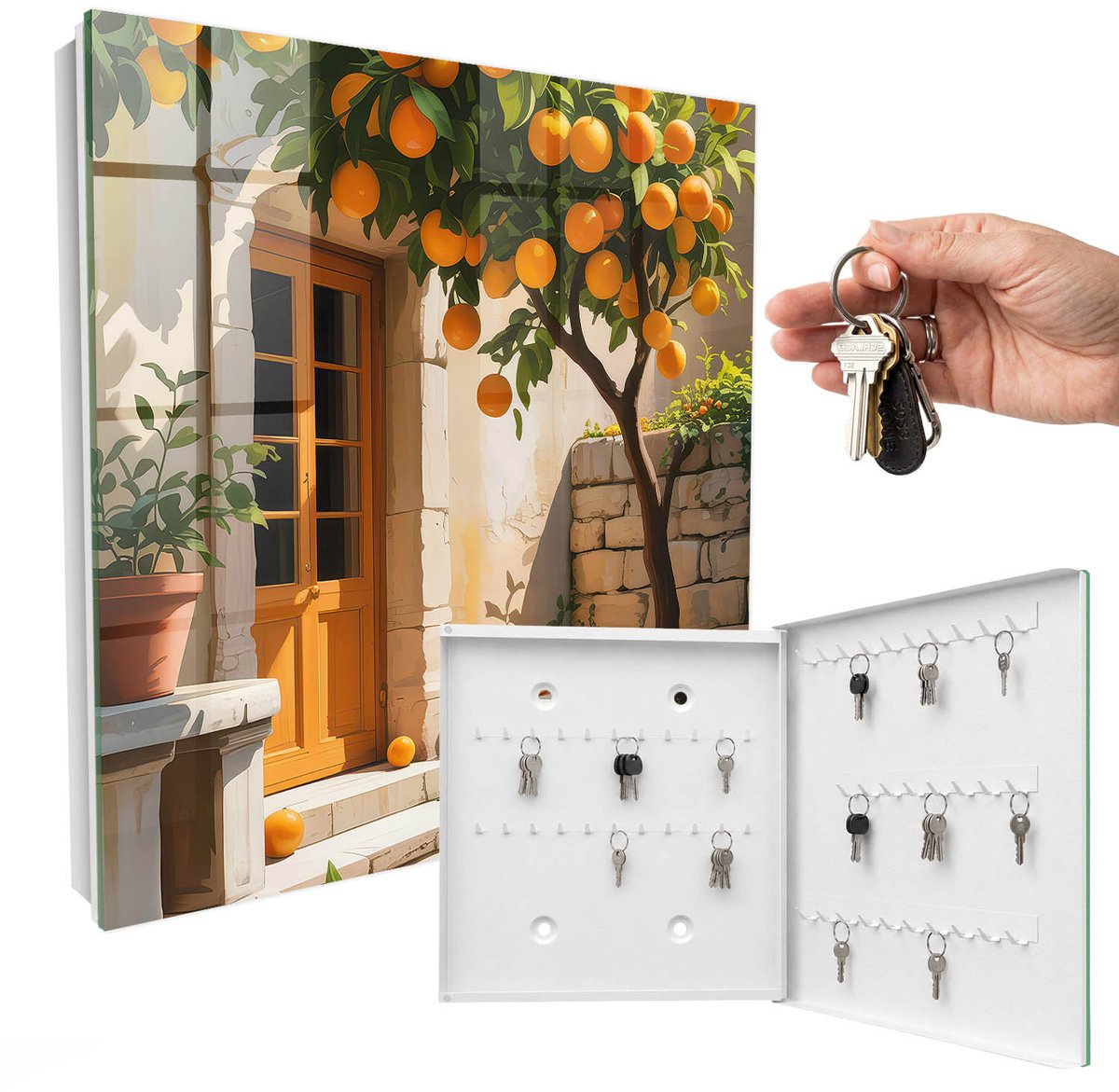 WallMuralia - Sleutelkast - 30x30x5 cm - met 50 haken - Sinaasappeltuin Sleutelkastje Huis - Oranje Sleutelbox - Rechtsopenend - Wit interieur