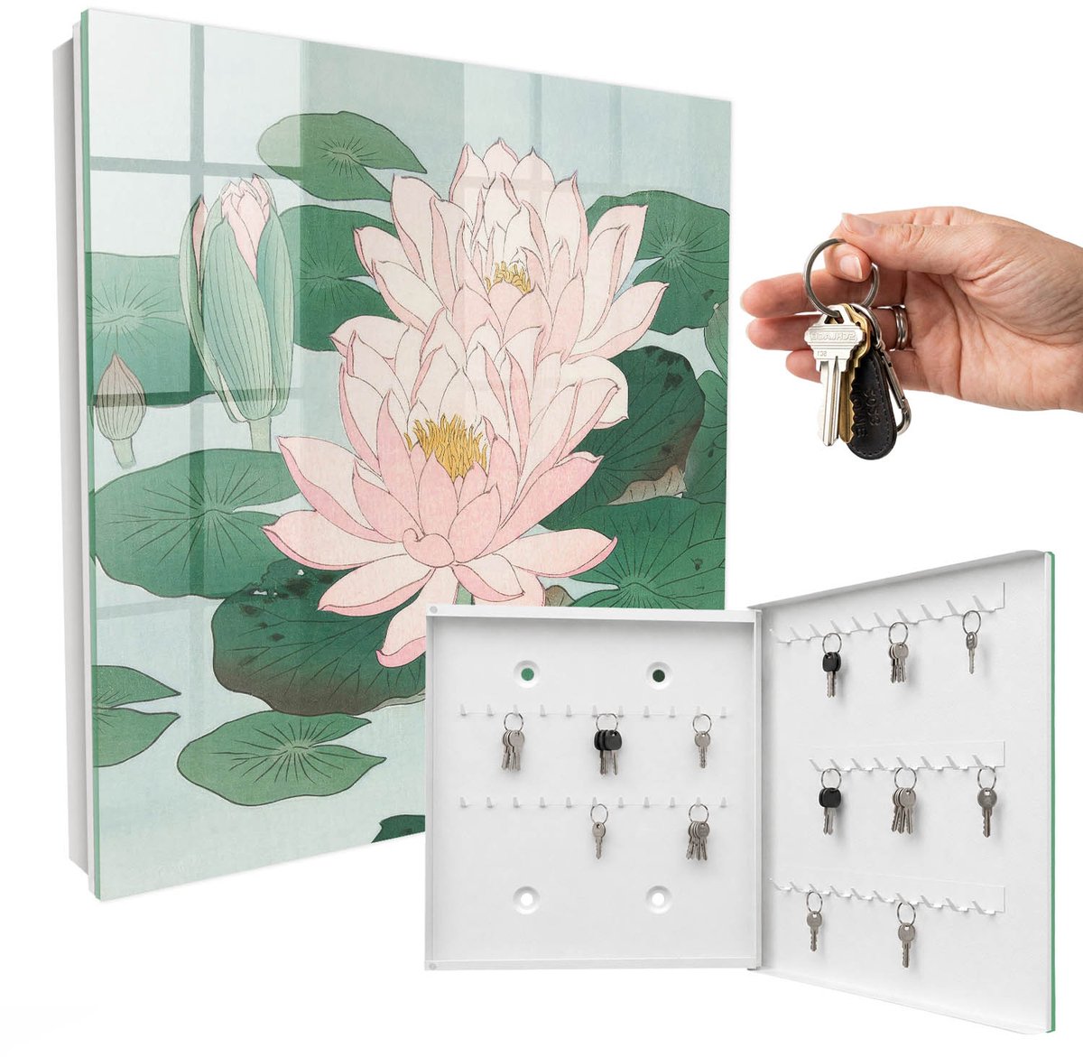WallMuralia - Sleutelkast - 30x30x5 cm - met 50 haken - Waterlelies Sleutelkastje - Groente Sleutelbox - Rechtsopenend - Wit interieur
