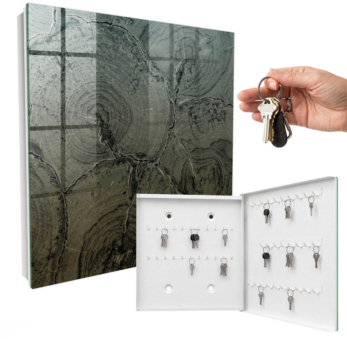 WallMuralia - Sleutelkast - 30x30x5 cm - met 50 haken - Houten Constructie Sleutelkastje Design - Grijs Sleutelbox - Rechtsopenend - Wit interieur