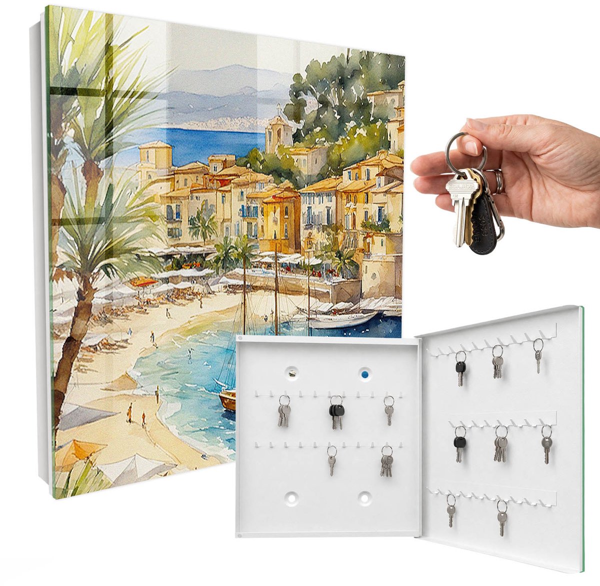 WallMuralia - Sleutelkast - 30x30x5 cm - met 50 haken - Kustlandschap Sleutelkastje Binnen - Blauw Sleutelbox - Rechtsopenend - Wit interieur