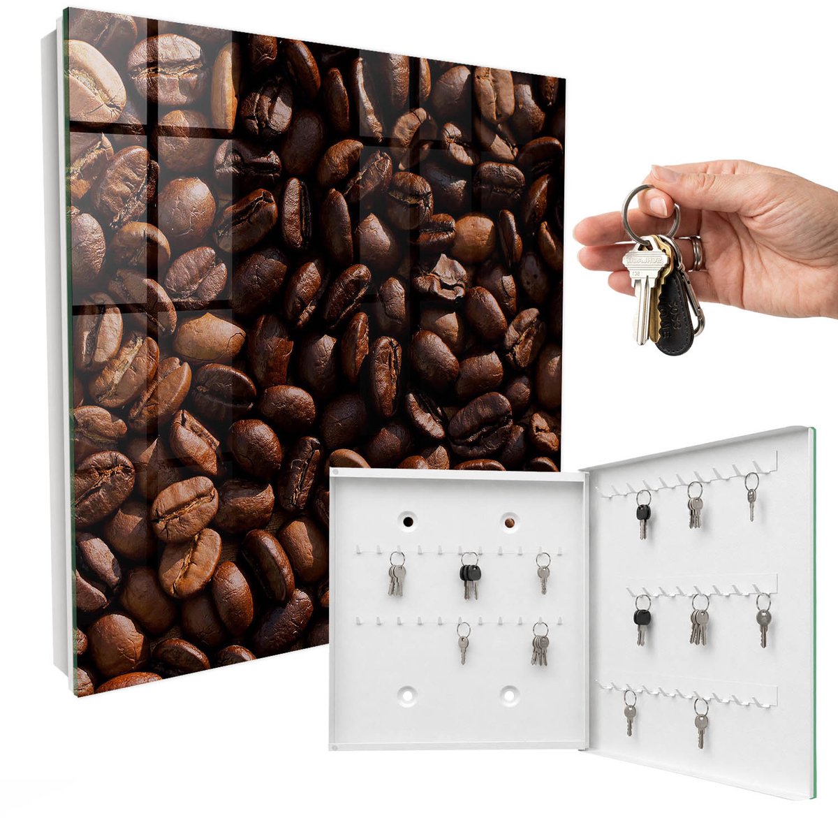 WallMuralia - Sleutelkast - 30x30x5 cm - met 50 haken - Aromatische Koffie Sleutelkastje Landelijk - Bruin Sleutelbox - Rechtsopenend - Wit interieur