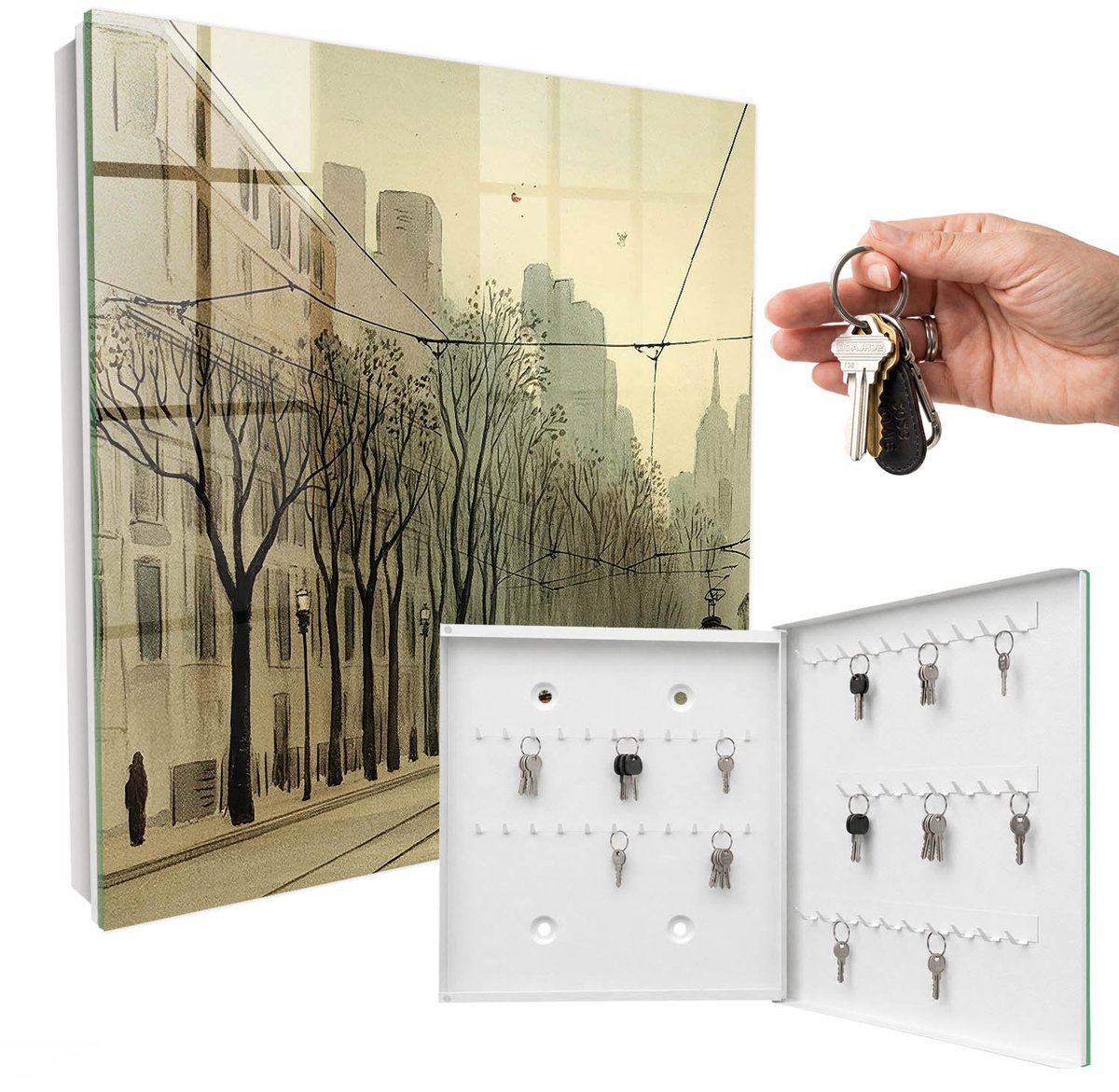 WallMuralia - Sleutelkast - 30x30x5 cm - met 50 haken - Stadswandeling Sleutelkastje Gang - Beige Sleutelbox - Rechtsopenend - Wit interieur