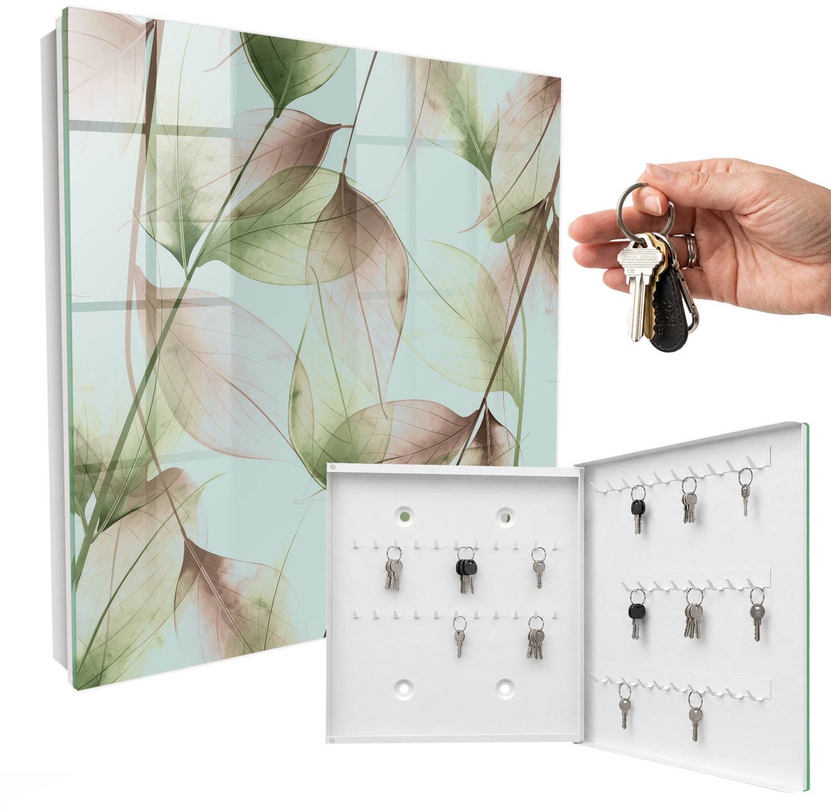 WallMuralia - Sleutelkast - 30x30x5 cm - met 50 haken - Bladeren Van De Natuur Sleutelkastje - Groente Sleutelbox - Rechtsopenend - Wit interieur