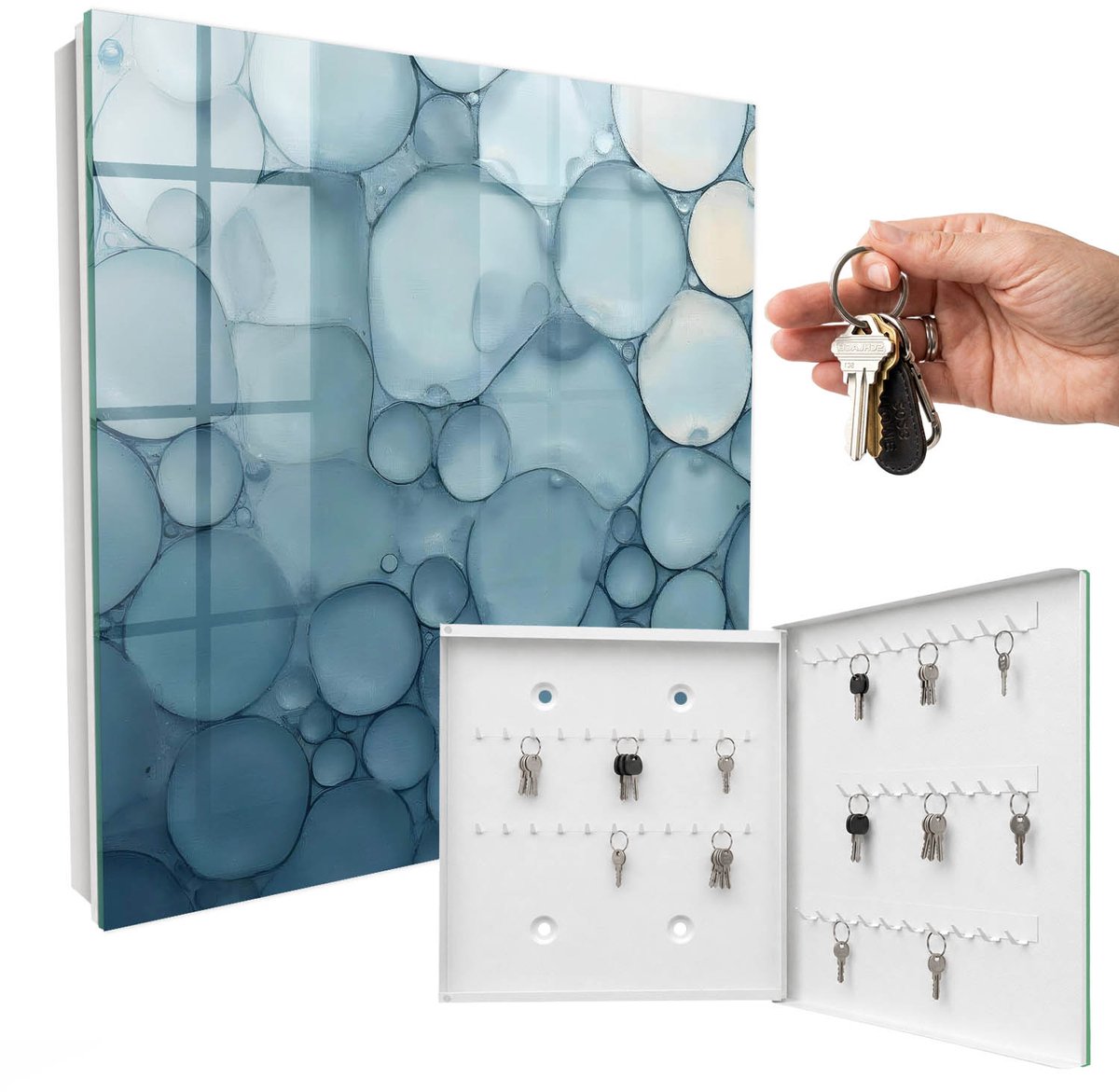 WallMuralia - Sleutelkast - 30x30x5 cm - met 50 haken - Blauwe Bubbels Sleutelkastje Landelijk - Blauw Sleutelbox - Rechtsopenend - Wit interieur