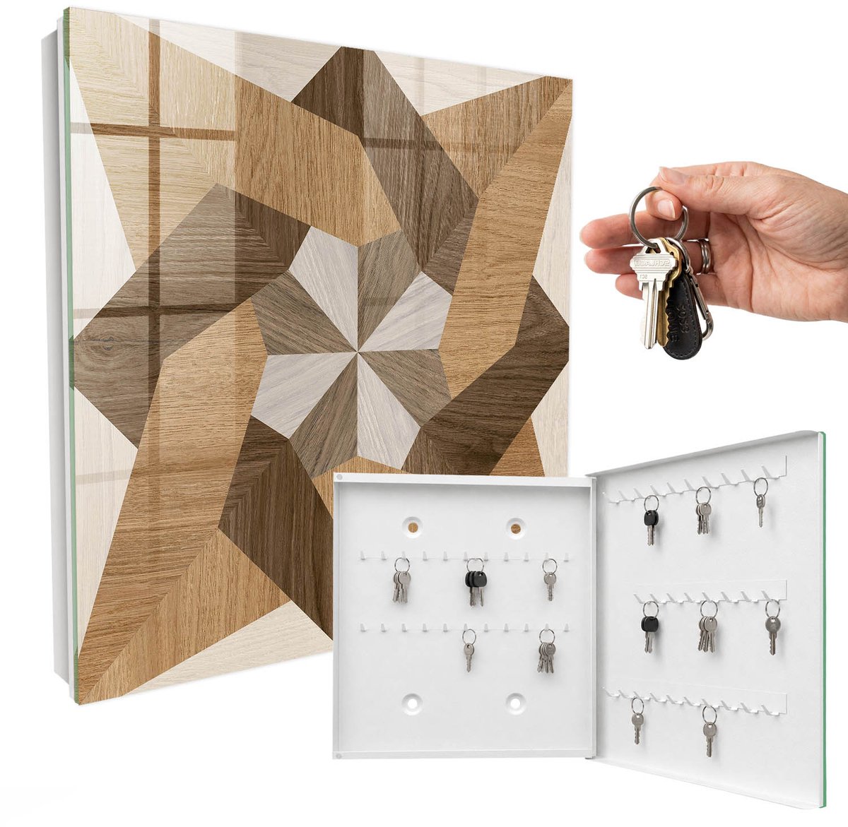 WallMuralia - Sleutelkast - 30x30x5 cm - met 50 haken - Houten Ster Sleutelkastje - Bruin Sleutelbox - Rechtsopenend - Wit interieur