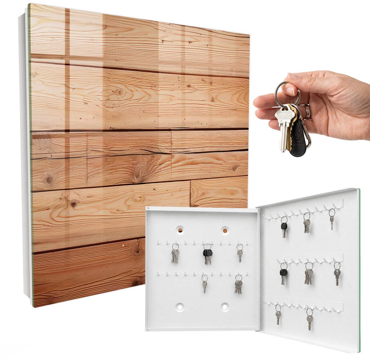 WallMuralia - Sleutelkast - 30x30x5 cm - met 50 haken - Houten Planken Leuk Sleutelkastje - Beige Sleutelbox - Rechtsopenend - Wit interieur