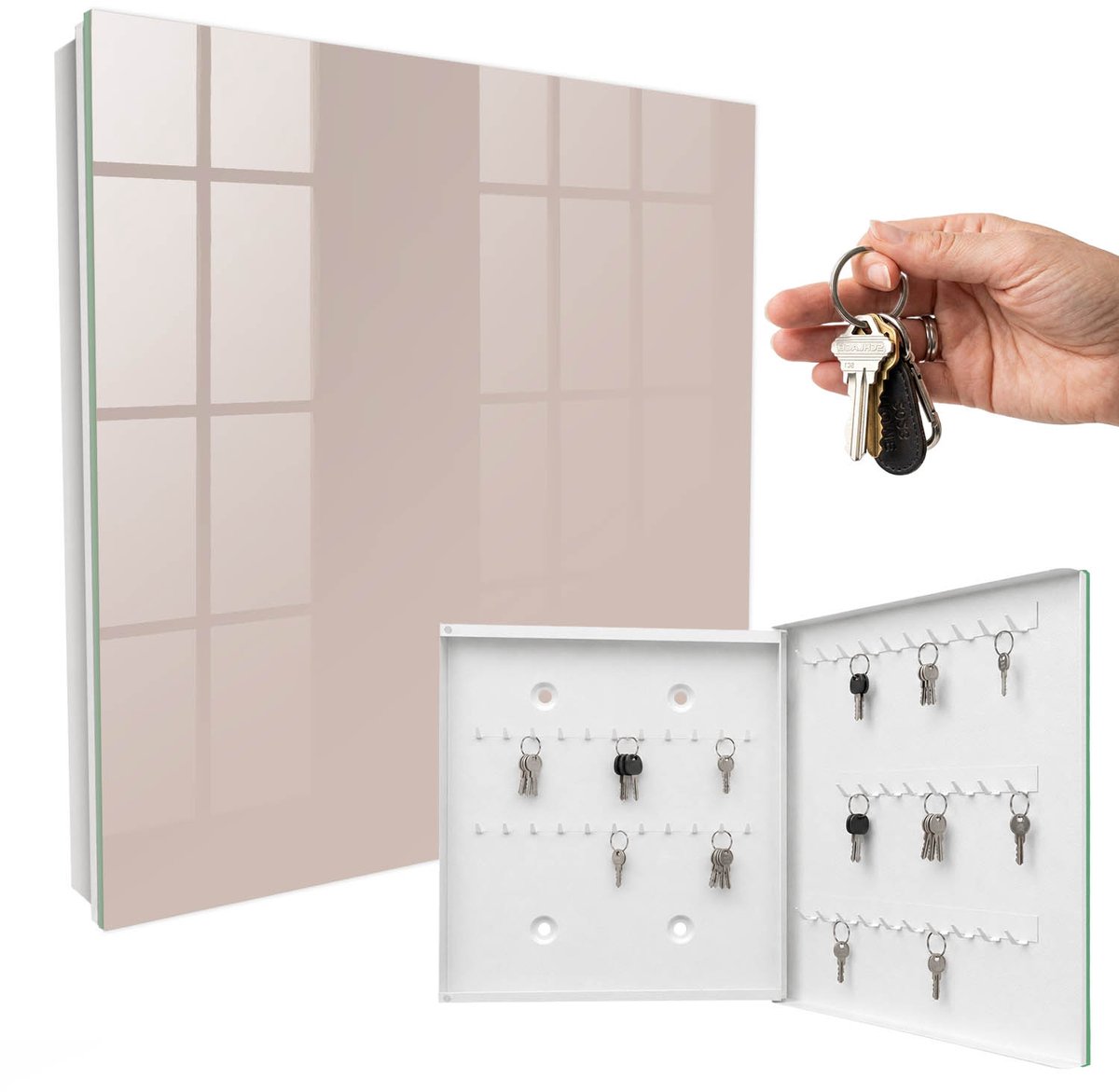WallMuralia - Sleutelkast - 30x30x5 cm - met 50 haken - Warme, Gedempte Beigetint Sleutelkastje Gang - Beige Sleutelbox - Rechtsopenend - Wit interieur