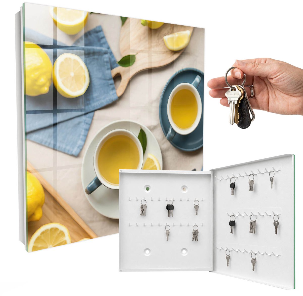 WallMuralia - Sleutelkast - 30x30x5 cm - met 50 haken - Citroenochtend Sleutelkastje Muur - Geel Sleutelbox - Rechtsopenend - Wit interieur