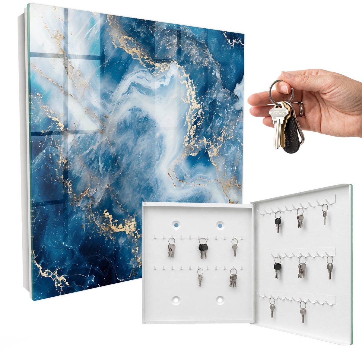 WallMuralia - Sleutelkast - 30x30x5 cm - met 50 haken - Dromerige Abstractie Sleutelkastje Klein - Blauw Sleutelbox - Rechtsopenend - Wit interieur