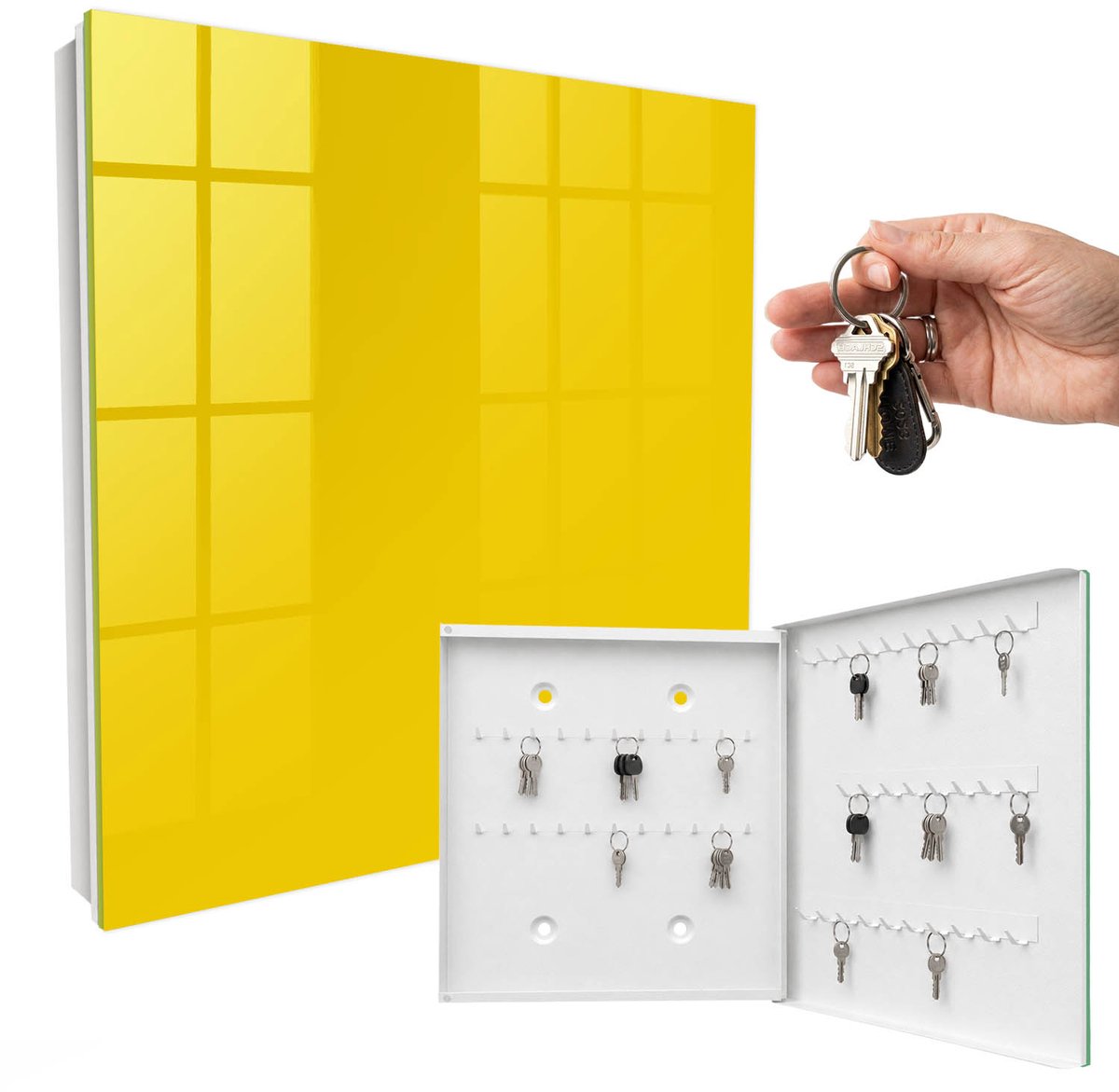 WallMuralia - Sleutelkast - 30x30x5 cm - met 50 haken - Intens Geel Sleutelkastje Klein - Geel Sleutelbox - Rechtsopenend - Wit interieur