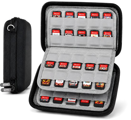 Zwarte BOTC spelletjescase voor Nintendo Switch met 80 vakjes, halfvol met spelcartridges.