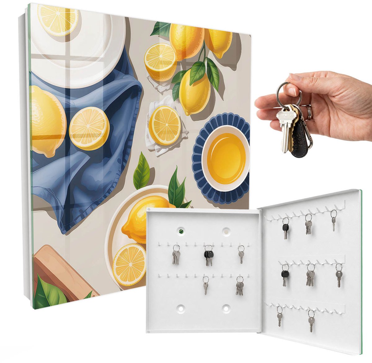 WallMuralia - Sleutelkast - 30x30x5 cm - met 50 haken - Citroentafel Design Sleutelkastje - Geel Sleutelbox - Rechtsopenend - Wit interieur