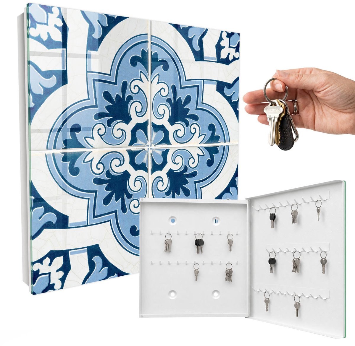 WallMuralia - Sleutelkast - 30x30x5 cm - met 50 haken - Blauwe Tegels Leuk Sleutelkastje - Blauw Sleutelbox - Rechtsopenend - Wit interieur