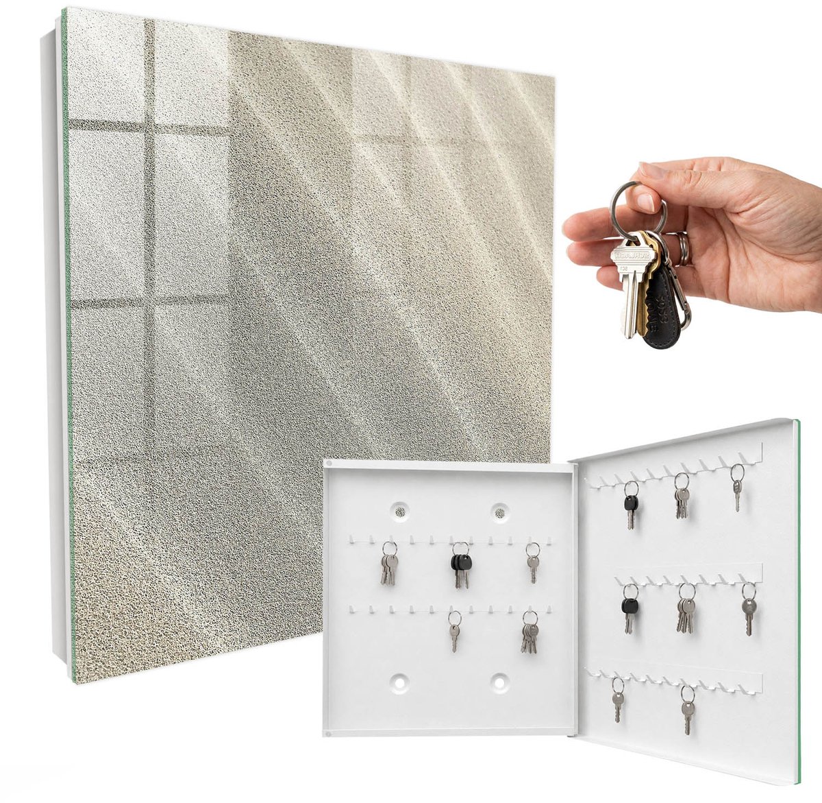 WallMuralia - Sleutelkast - 30x30x5 cm - met 50 haken - Schuimgolven Sleutelkastje Gang - Beige Sleutelbox - Rechtsopenend - Wit interieur