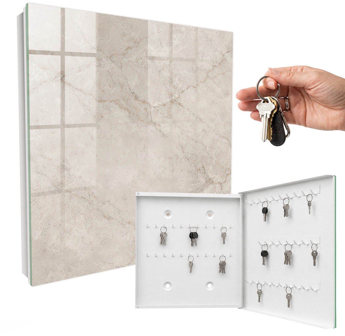 WallMuralia - Sleutelkast - 30x30x5 cm - met 50 haken - Subtiele Elegantie Sleutelkastje Hal - Beige Sleutelbox - Rechtsopenend - Wit interieur