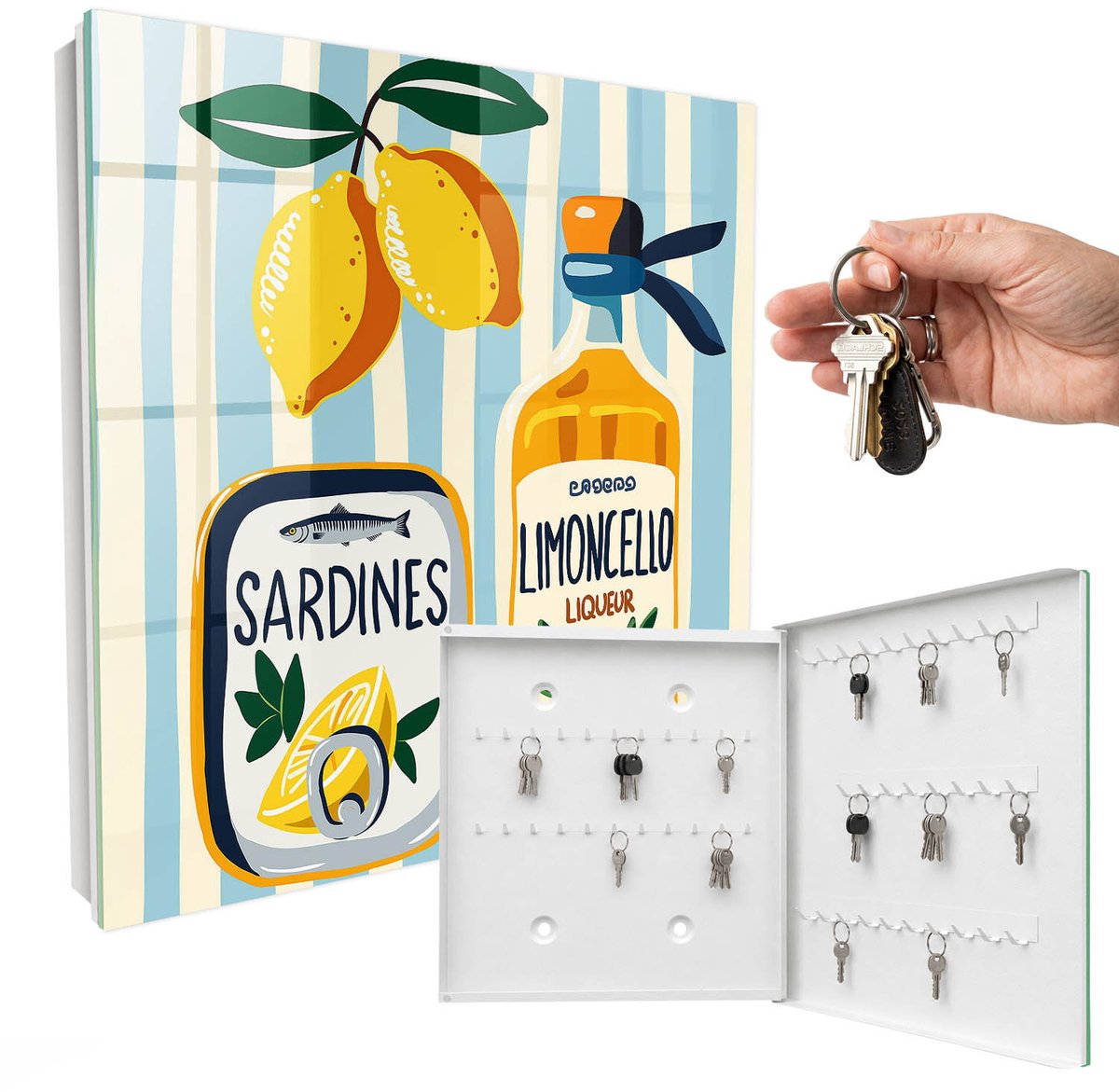 WallMuralia - Sleutelkast - 30x30x5 cm - met 50 haken - Italiaanse Motieven Sleutelkastje - Geel Sleutelbox - Rechtsopenend - Wit interieur