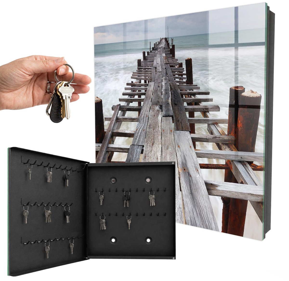 WallMuralia - Sleutelkast - 30x30x5 cm - met 50 haken - Eindeloze Haven Sleutelkastje Design - Grijs Sleutelbox - Linksopenend - Zwart interieur