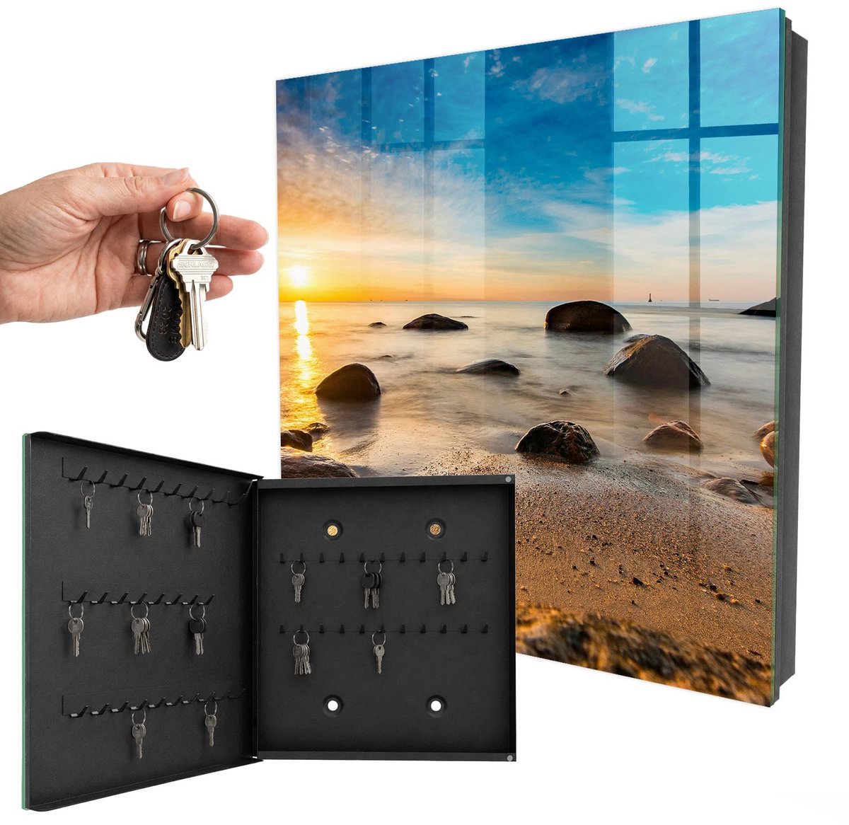 WallMuralia - Sleutelkast - 30x30x5 cm - met 50 haken - Westkust Sleutelkastje Modern - Blauw Sleutelbox - Linksopenend - Zwart interieur