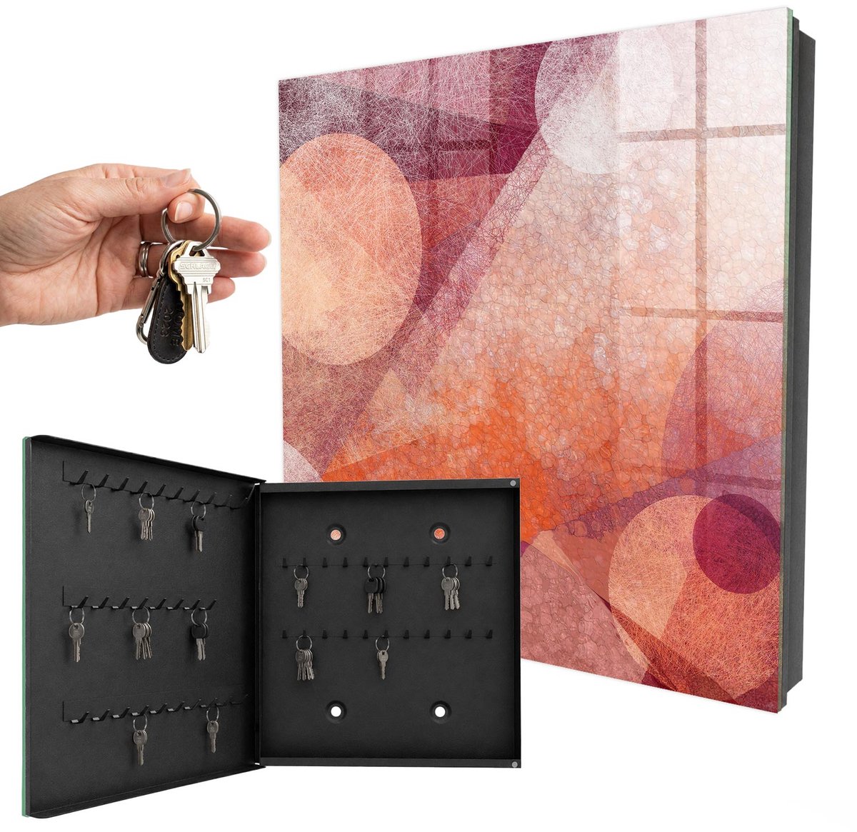 WallMuralia - Sleutelkast - 30x30x5 cm - met 50 haken - De Energie Van Abstractie Sleutelkastje Industrieel - Roze Sleutelbox - Linksopenend - Zwart interieur