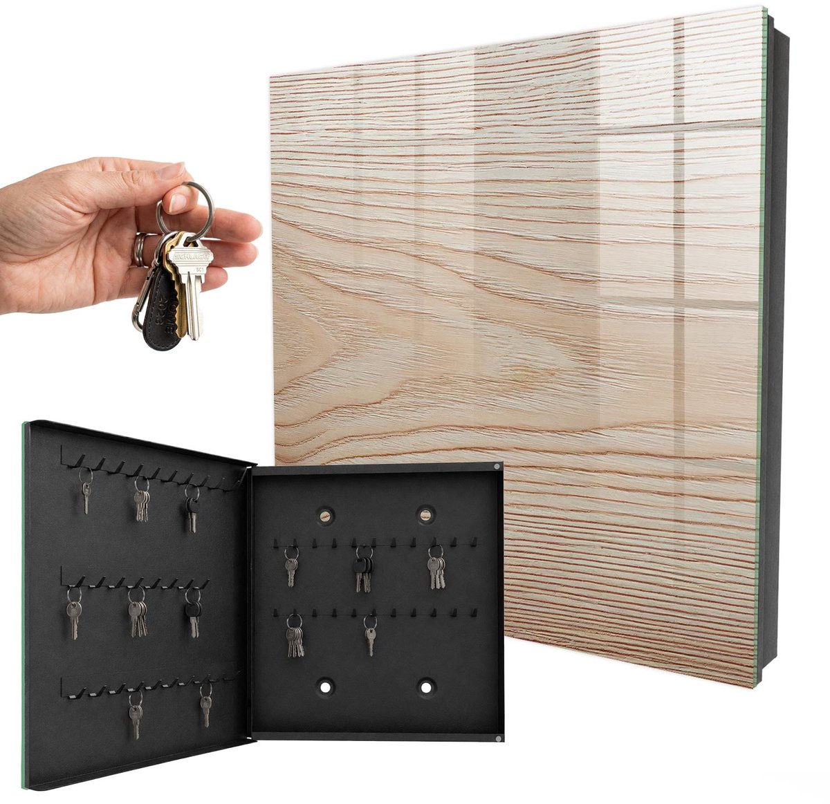 WallMuralia - Sleutelkast - 30x30x5 cm - met 50 haken - Houtstructuur Sleutelkastje Industrieel - Beige Sleutelbox - Linksopenend - Zwart interieur