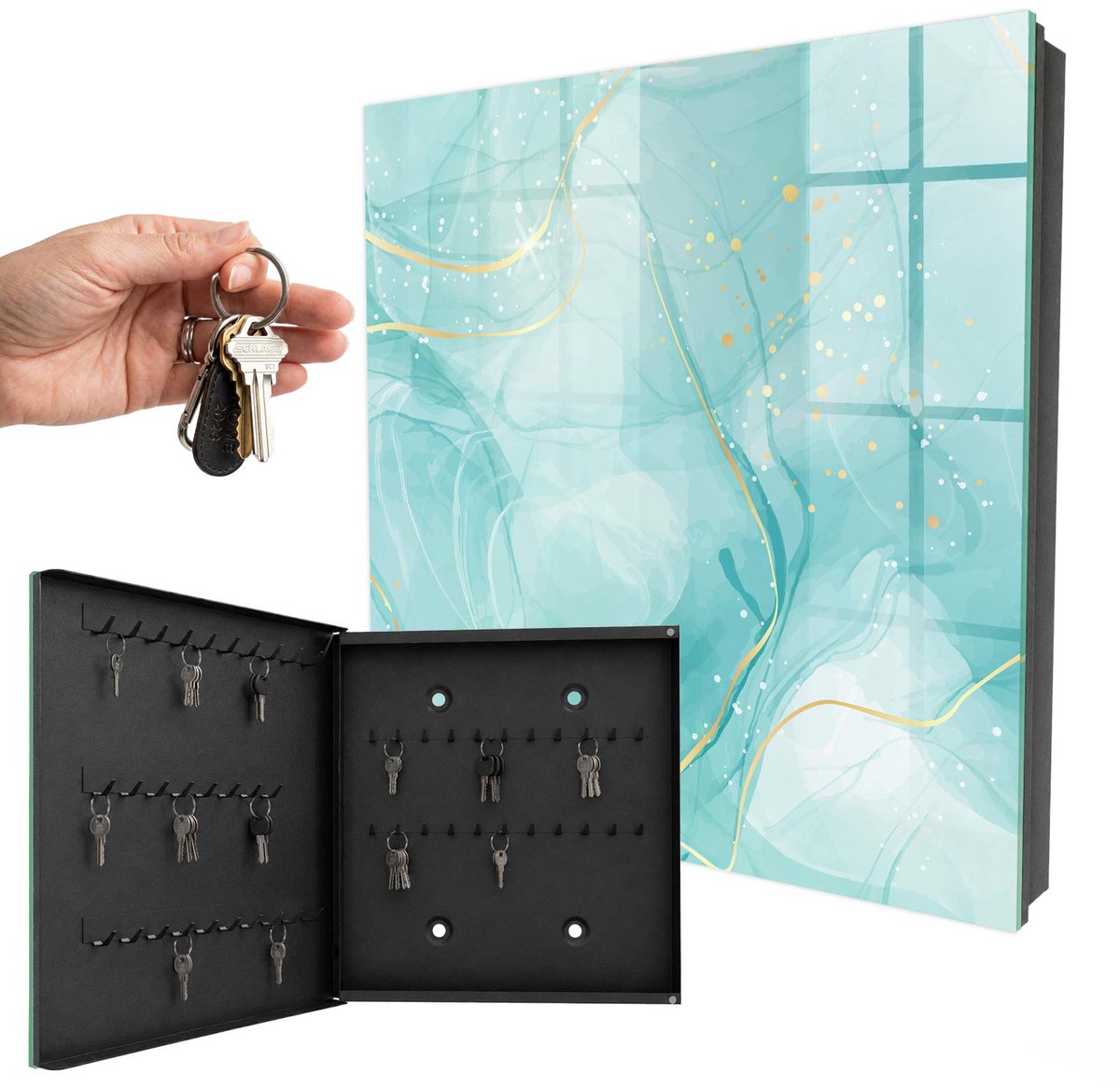 WallMuralia - Sleutelkast - 30x30x5 cm - met 50 haken - Turquoise Elegantie Sleutelkastje Hal - Turkoois Sleutelbox - Linksopenend - Zwart interieur