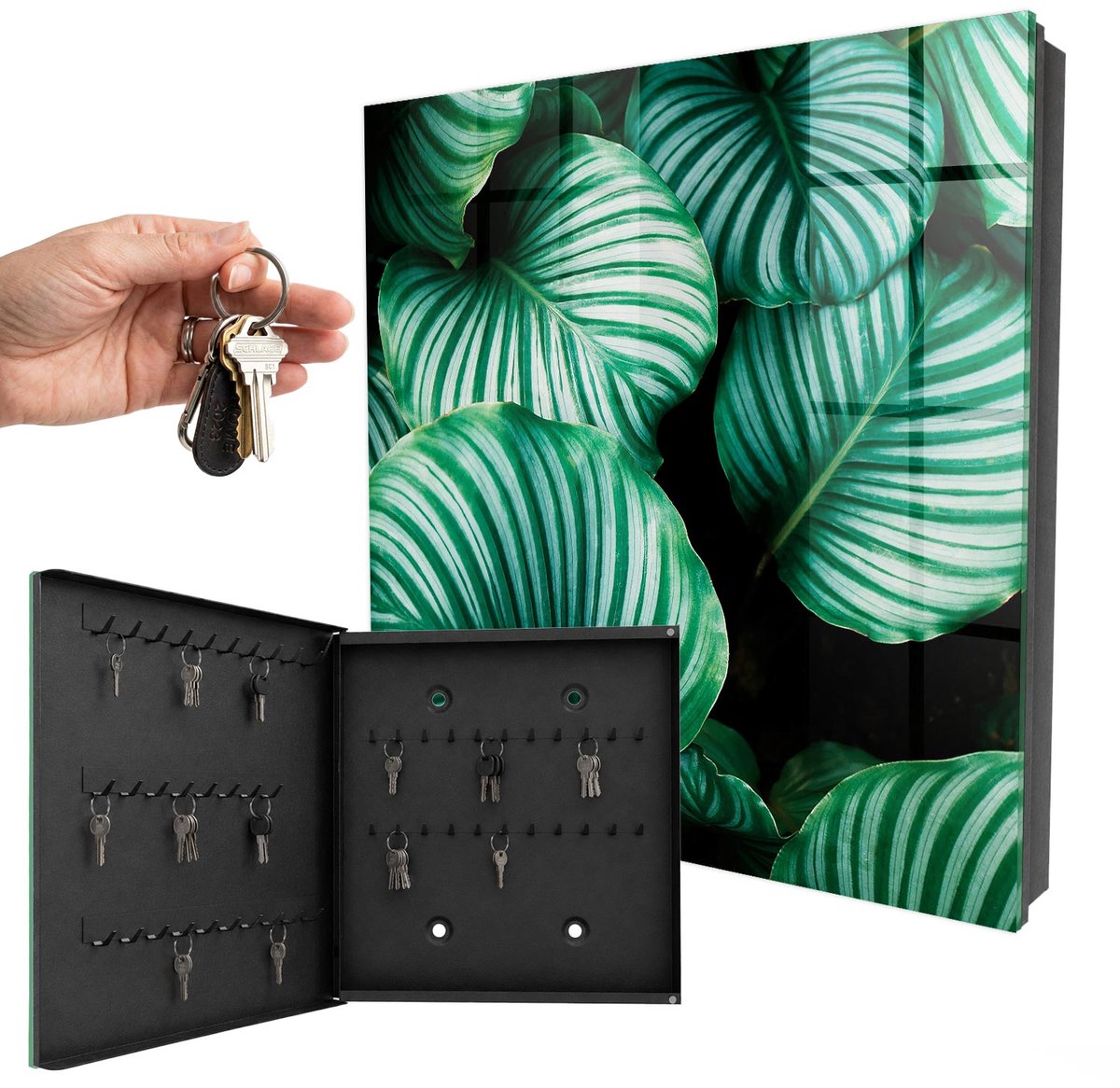 WallMuralia - Sleutelkast - 30x30x5 cm - met 50 haken - Groene Bladeren Leuk Sleutelkastje - Groente Sleutelbox - Linksopenend - Zwart interieur