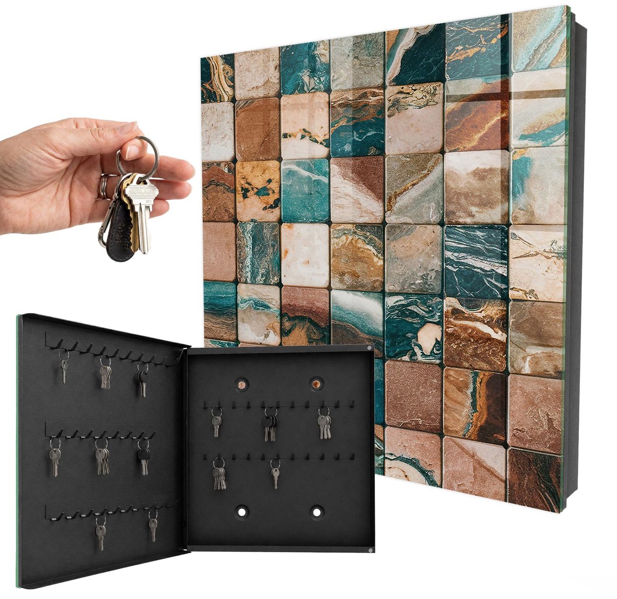 WallMuralia - Sleutelkast - 30x30x5 cm - met 50 haken - Tonale Mozaïek Sleutelkastje Muur - Bruin Sleutelbox - Linksopenend - Zwart interieur