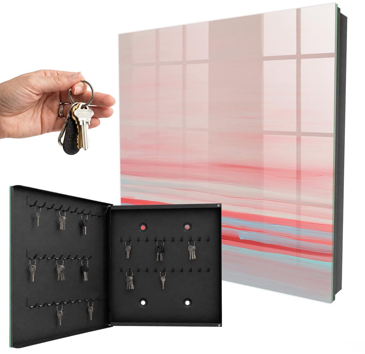 WallMuralia - Sleutelkast - 30x30x5 cm - met 50 haken - Pastelkleurige Strepen Sleutelkastje Landelijk - Roze Sleutelbox - Linksopenend - Zwart interieur