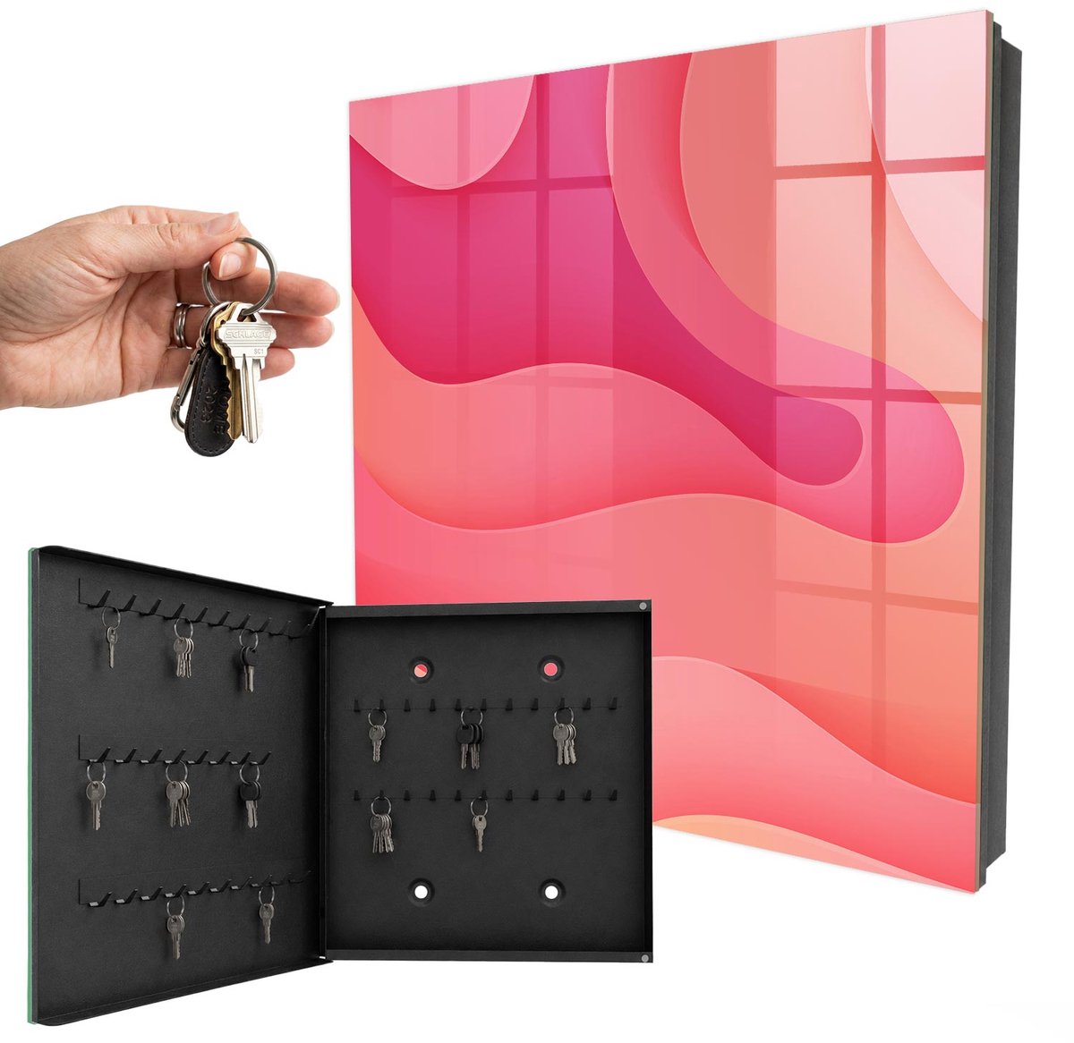 WallMuralia - Sleutelkast - 30x30x5 cm - met 50 haken - Golfenergie Design Sleutelkastje - Roze Sleutelbox - Linksopenend - Zwart interieur