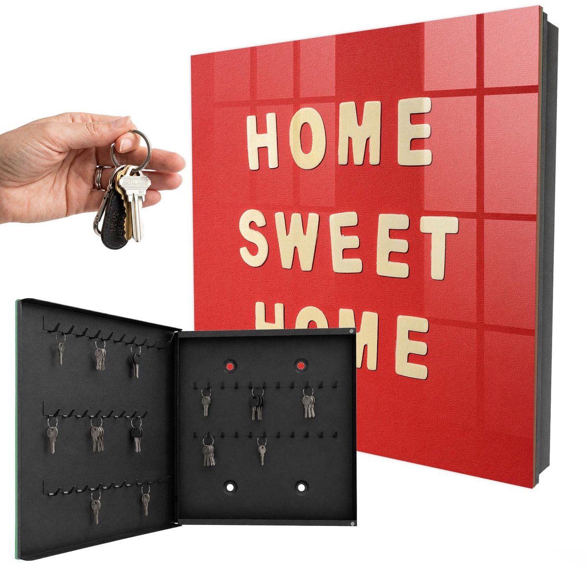 WallMuralia - Sleutelkast - 30x30x5 cm - met 50 haken - De Inscriptie Home Sweet Home Sleutelkastje Klein - Rood Sleutelbox - Linksopenend - Zwart interieur