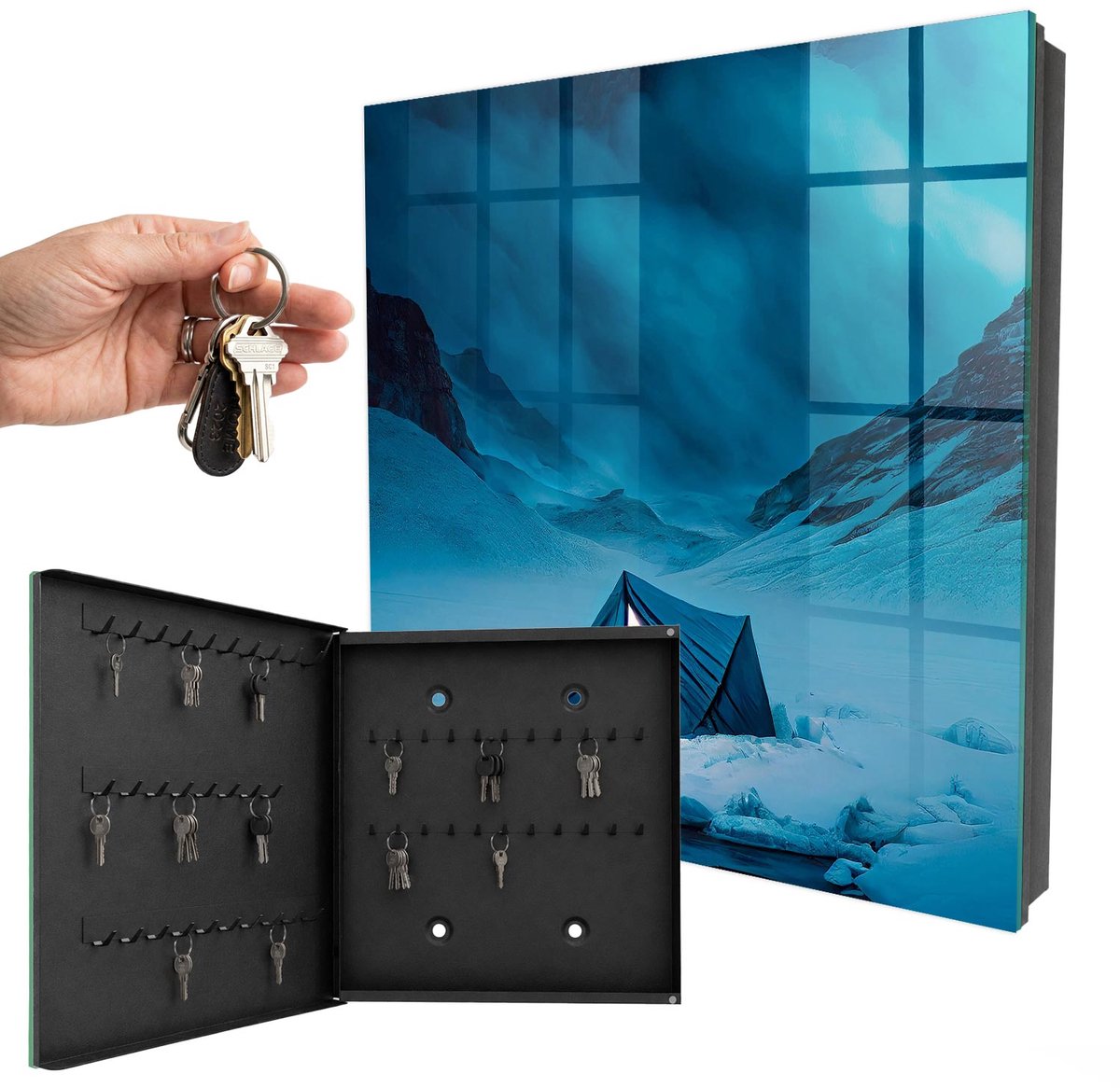 WallMuralia - Sleutelkast - 30x30x5 cm - met 50 haken - Blauwe Nacht Leuk Sleutelkastje - Blauw Sleutelbox - Linksopenend - Zwart interieur