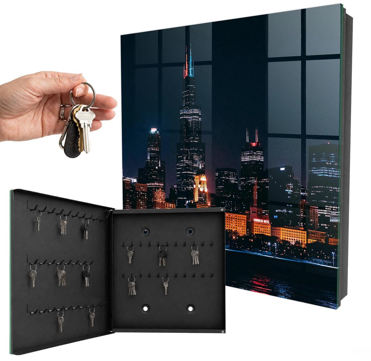 WallMuralia - Sleutelkast - 30x30x5 cm - met 50 haken - Nachtstad Sleutelkastje Muur - Zwart Sleutelbox - Linksopenend - Zwart interieur